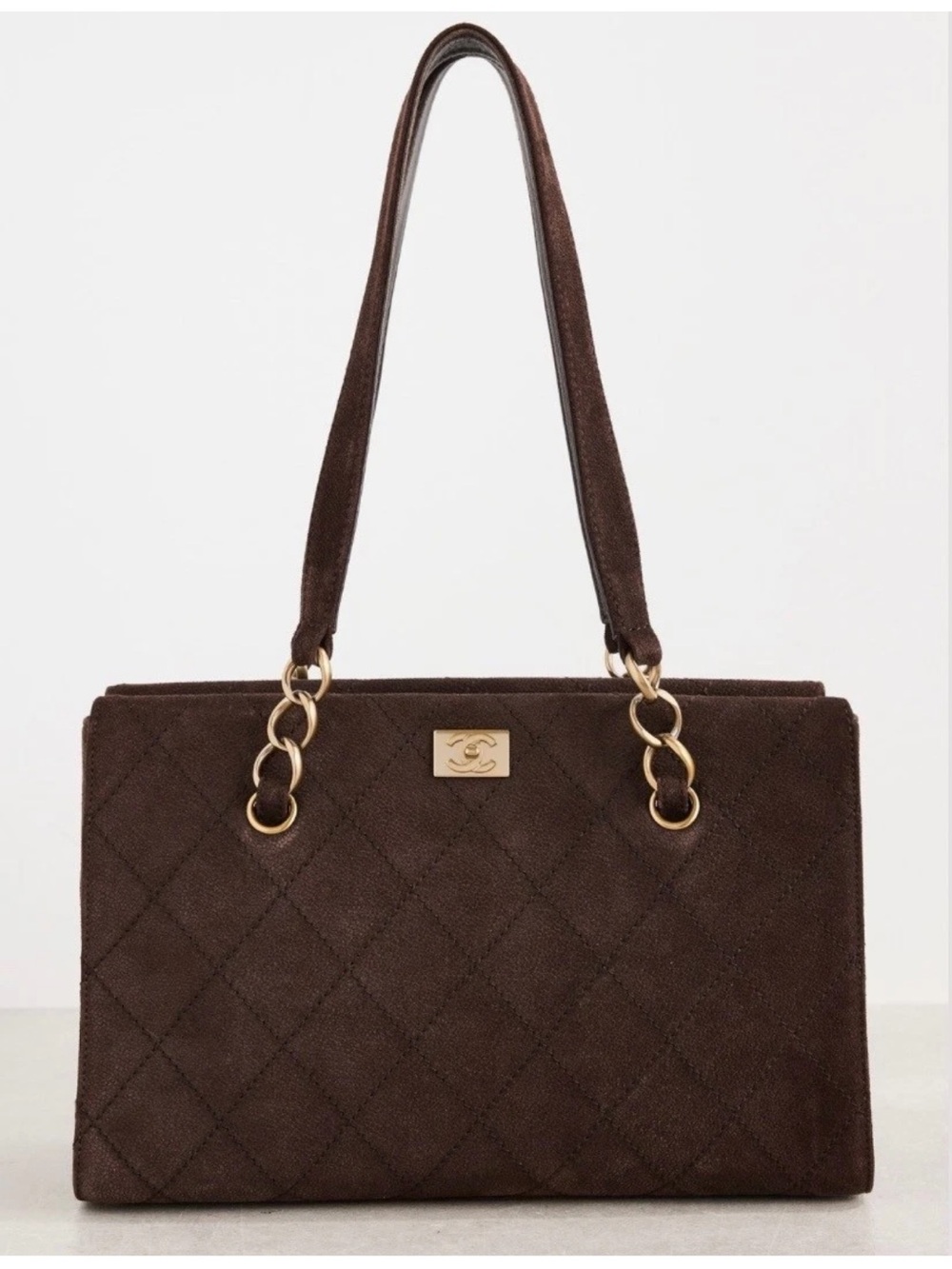 RARE~Chanel Suede Calfskin Antique Gold Metal Brown Shoulder Bag